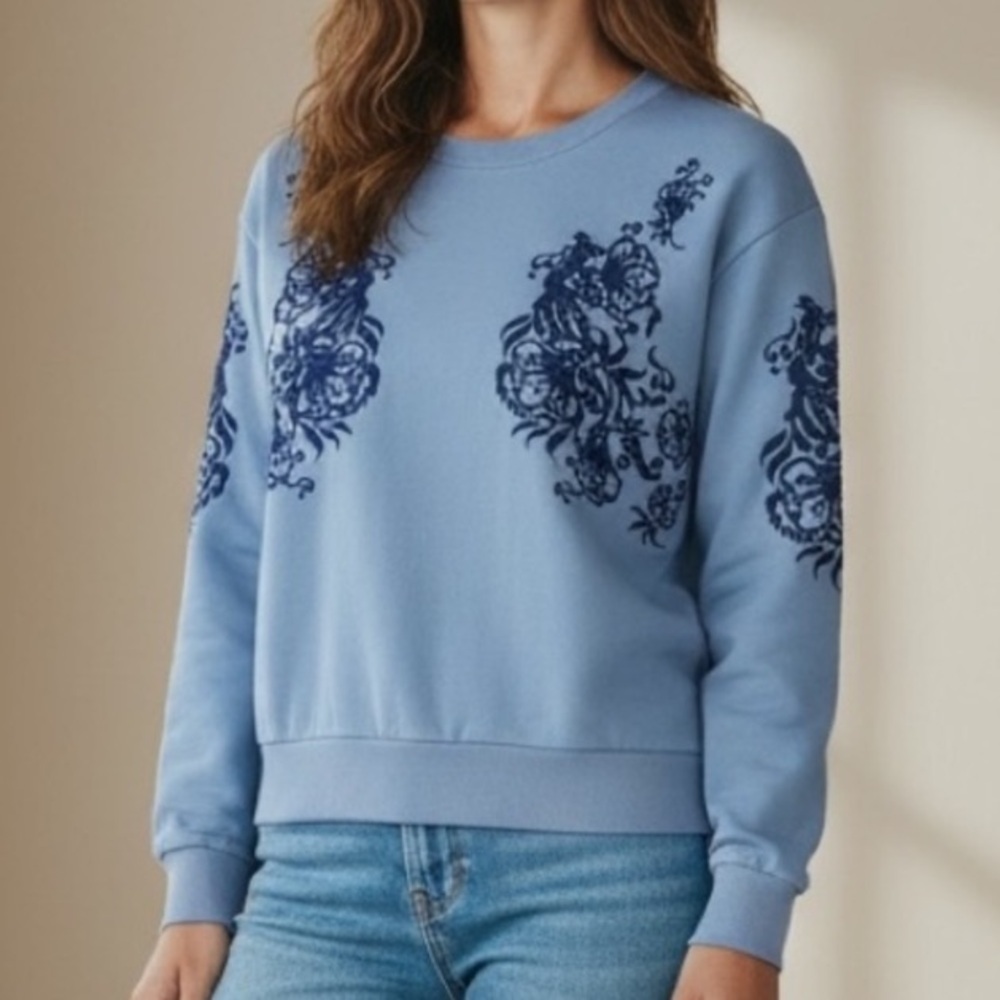 Calvin klein Floral embroidered blue pearl embellished sweatshirt coquette girl